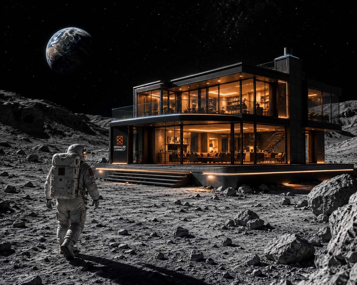 Astronauta segurando módulo habitacional futurista
